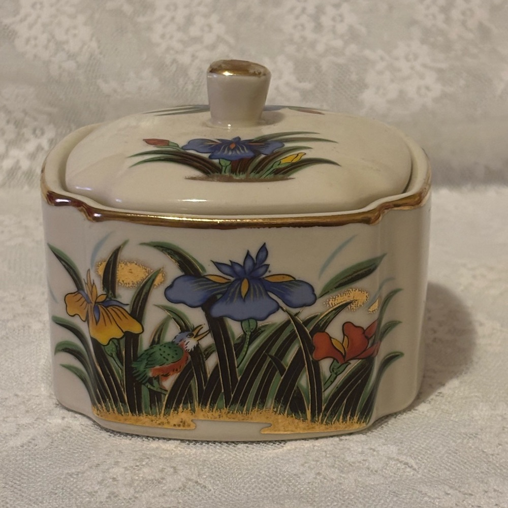 Floral Ceramic Trinket Box. Yellow, purple, orange flowers and bird.
